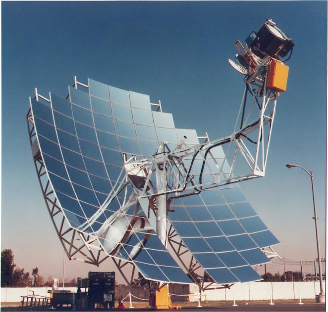 Parabolic Dish System Mirror dish that reflects and concentrate sunlight to a receiver which absorbs the heat and transfer it to fluid