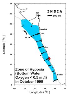 shoreward (hypoxia at shelf break; suboxia over mid-shelf; anoxia over inner shelf) hypoxic 0 5 10 suboxic anoxic Vigorous
