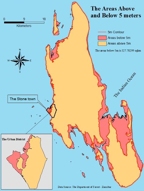 area that will be inundated will be much lower (as sea level rise is only likely to rise by 0.3 to 1 metre over the next century). The mapping of the country shows large low-lying areas.