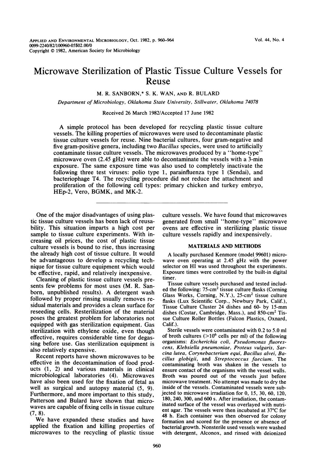 APPLIED AND ENVIRONMENTAL MICROBIOLOGY, OCt. 1982, p. 960-964 0099-2240/82/100960-05$02.00/0 Copyright 1982, American Society for Microbiology Vol. 44, No.