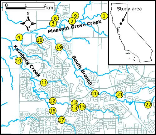Figure 1 Map of study area with sampling sites shown. Inset map shows location of study area within California.
