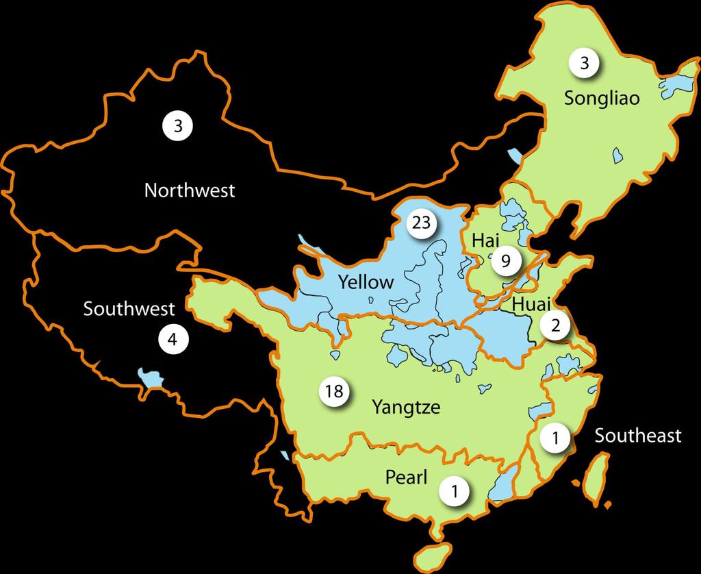 Distribution of Chinese SWAT studies in English peer-reviewed literature (spring 2011) SWAT studies performed for blue watersheds Data compiled