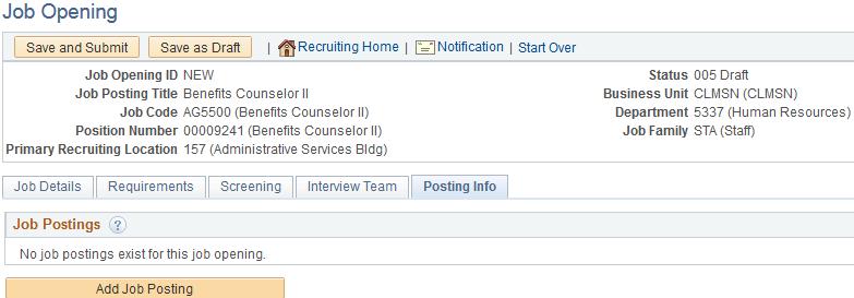 STEP 18A Click Add Job Posting. A pop-up message will appear asking if you want to use the position profile information to automatically build the posting sections.