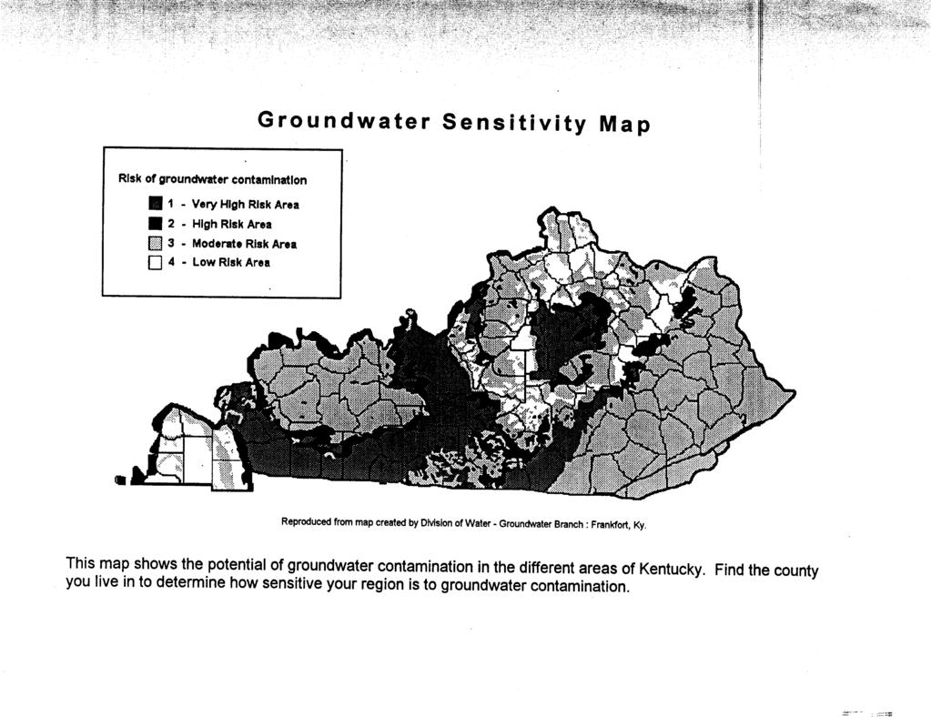 Groundwater Sensitivity Map I I. Reproduced from map created by DMsion of Water - Groundwater Branch : Frankfort, Ky.
