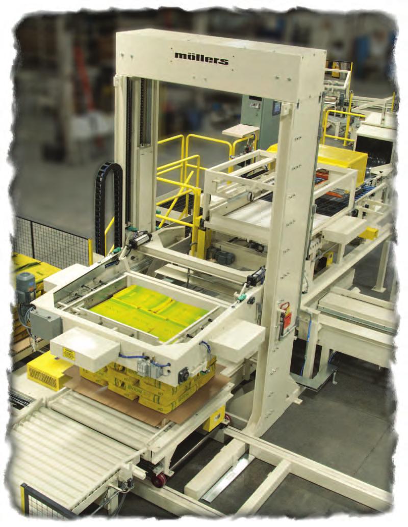 Standard empty pallet magazine (20 empty pallets) and loading conveyor. Pre-engineered bag turning devices, roller or belt tables, and loading stations that can be added to suit your application.