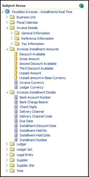 Chapter 3 Subject Areas for Analytics Attributes Finally, each dimension folder contains attributes (columns), such as invoice date and invoice accounting date.