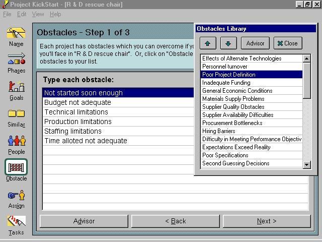 Fig. 1 Libraries provide customizable pick lists for fast project planning. This screen shows step 6 of the eight steps Obstacles.