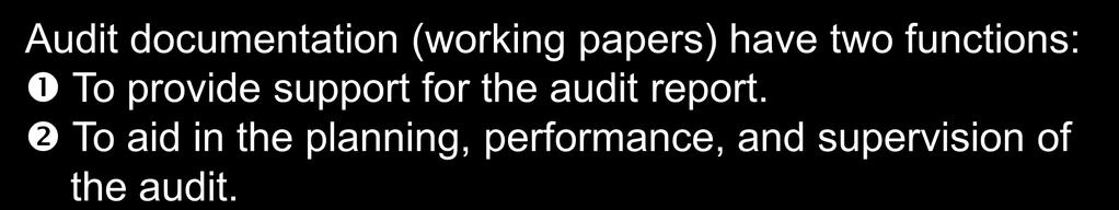 Audit documentation (working papers) have two functions: To provide support
