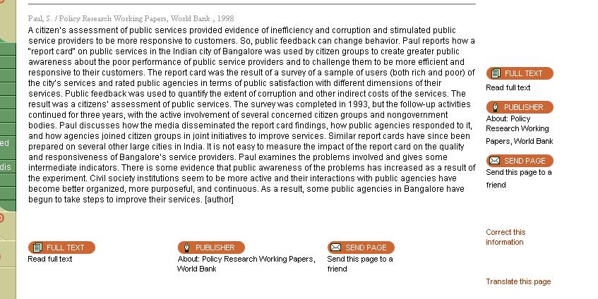 Citizen as Evaluator: Bangalore, India