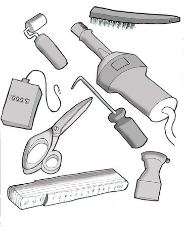 Tools The standard equipment includes (1) a hand held hot air welder with (2) a wide slit nozzle, (3) scissors, (4) a silicone roller, (5) a thermometer, (6) a weld