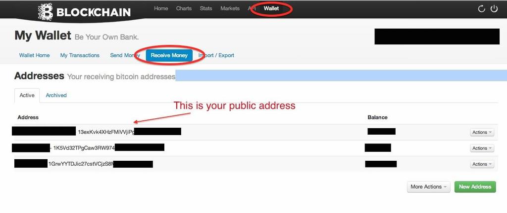 Step 4 Create a public address Enter your password to access your Bitcoin wallet. Click on receive money and look under addresses.