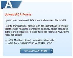 To upload the files created from Optimum, click Upload ACA Forms.