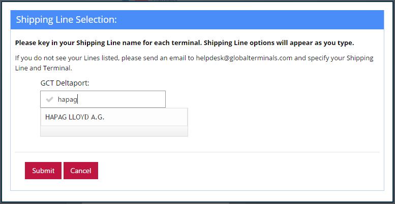 Steamship Line Selection: Enter the associated Shipping Line Once all information has been entered, select Sign Up to prompt below