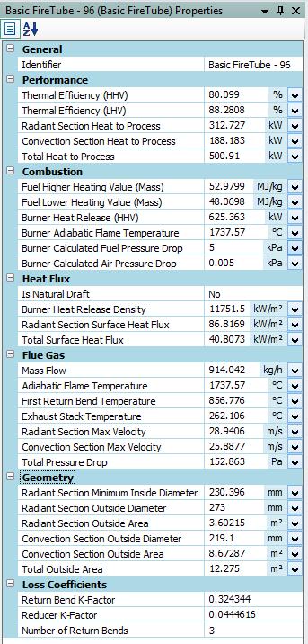 Note that burner heat release density and firetube heat flux warning messages are given in the warnings area.
