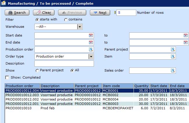 Chapter 5 Production Management There is a difference between the calculated APP amount and the value of receipt. To complete production orders: 1. Go to Manufacturing To be processed Complete. 2.