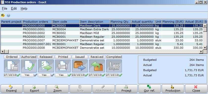 To display the overview of production orders: 1. Go to Manufacturing Reports Production orders to define the criteria for displaying an overview of production orders. 2.