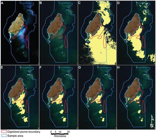 Series of images showing how the digitised plume of a MODIS image relates to a clearer high resolution image and the range of TSS thresholds analysed in this study.