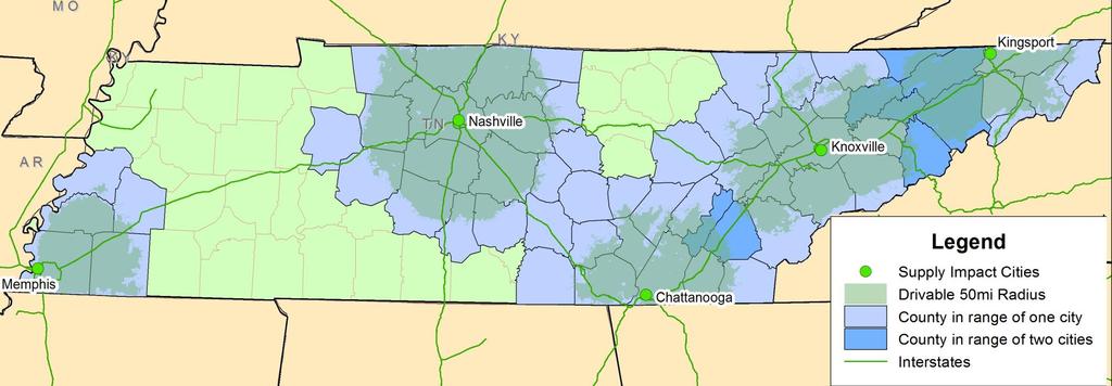 The darker-green areas represent a 50-mile driving radius from each population center (titled supply impact cities ).