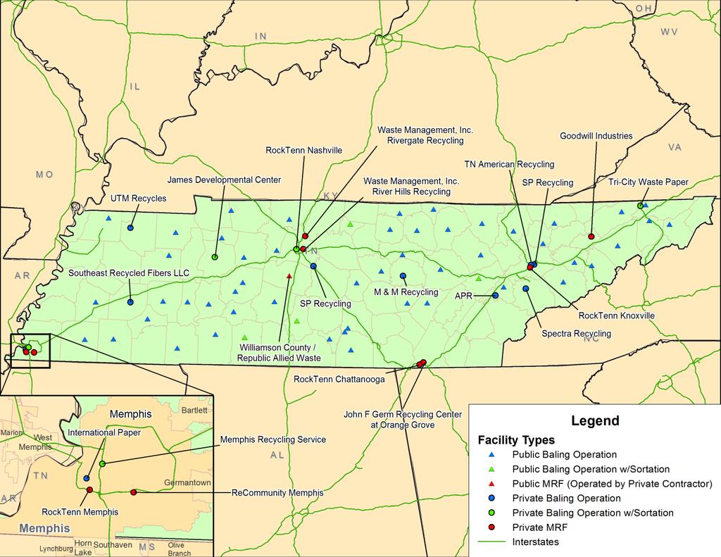 Recycling Processing Facilities Map: This map shows the location for all public and private sector recycling processing facilities identified in Tennessee, broken down by facility type.