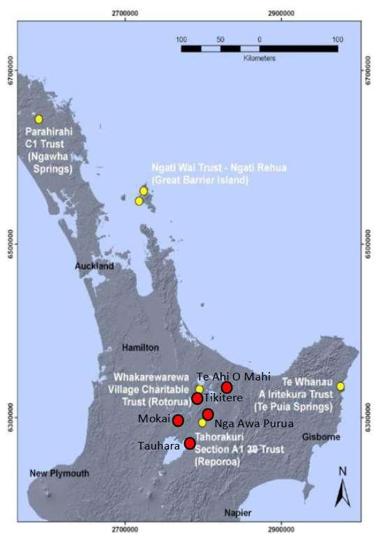 Map showing the location of the Maori Trusts involved in geothermal project developments: direct uses (yellow