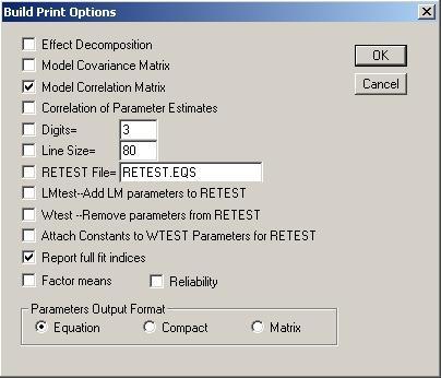 Figure A-7. Output Options in EQS We will accept these options by clicking OK. We execute the model by clicking Build EQS and selecting Run EQS.