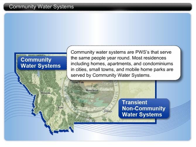 Community Water Systems Community water systems are PWS s that serves the same people year round.
