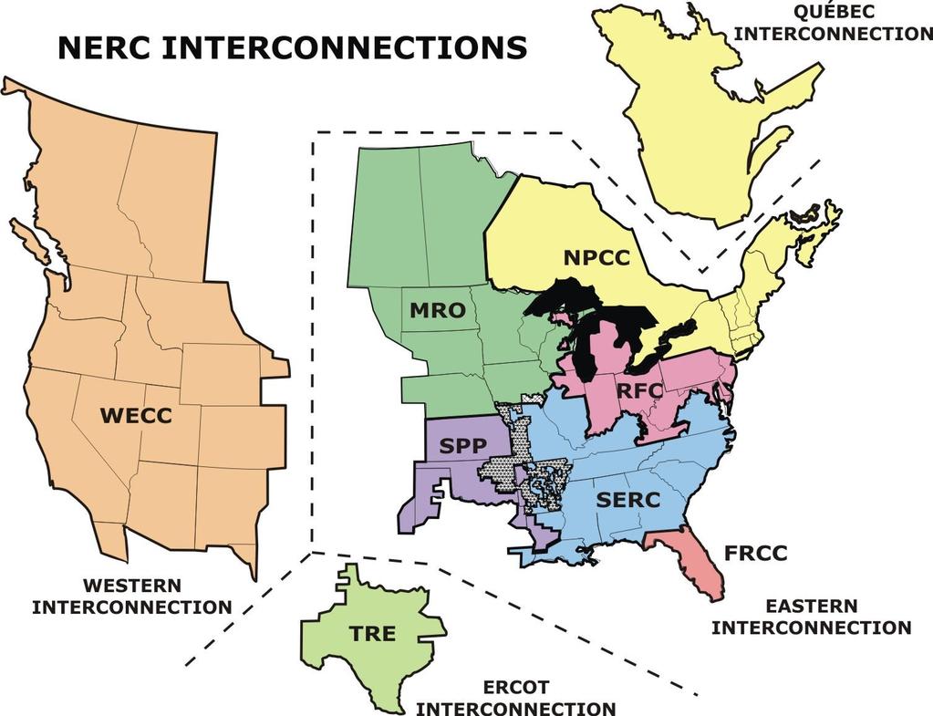 and the Western Interconnection (WECC), which are essentially isolated from each other electrically.
