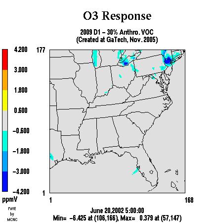 Figure 4-3-hour Ozone response to 30% athropogenic VOC reductions in 2009 Based on the information discussed above, the NCDAQ steadfastly believes highway mobile VOCs are insignificant contributors
