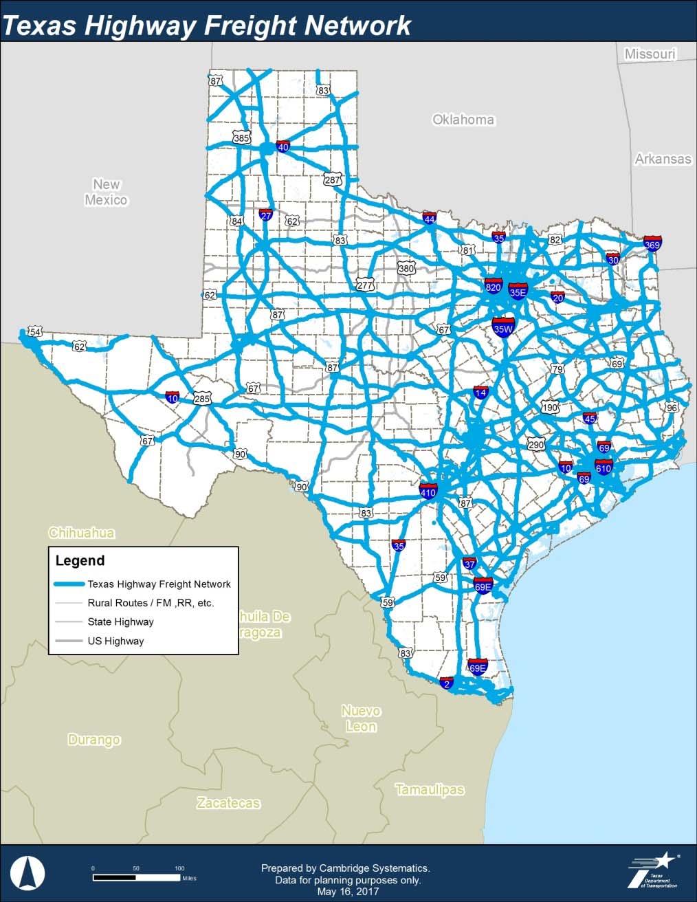 Texas Highway Freight Network (THFN) Designation Based on recommendations from TxFAC, the Draft Texas Highway Freight Network includes: USDOT designated National Highway Freight Network; All highways