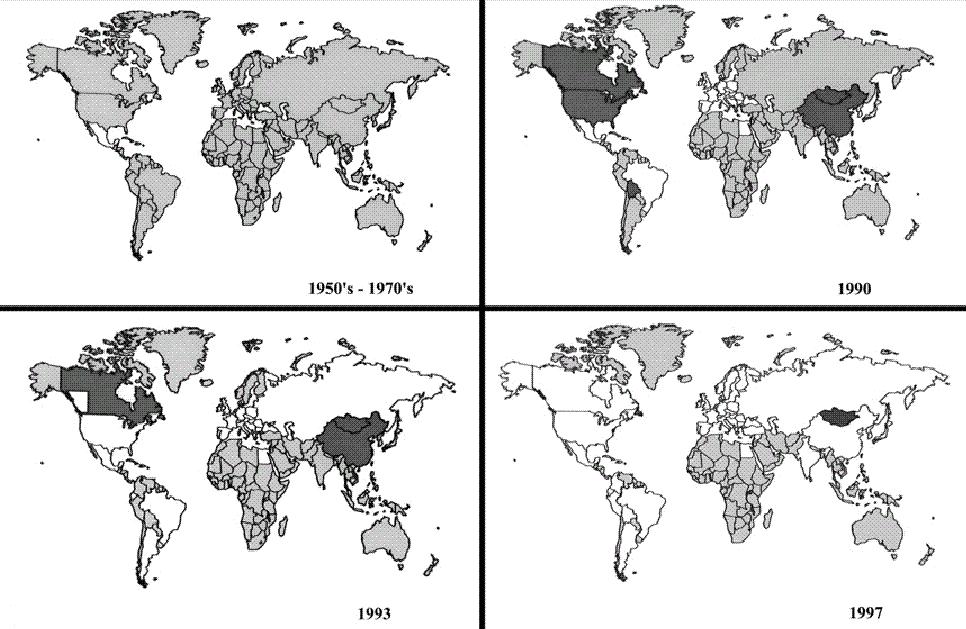 Geographical distribution of the Phytophthora infestans
