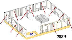 STEP 7: Install temporary bracing as each wall is set but not to exceed the spacing intervals in the table below.