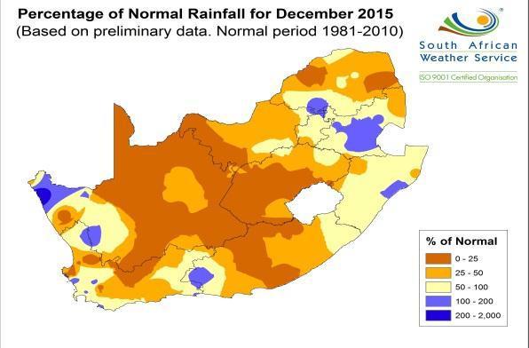 1 Weather forecast and dam levels Current conditions Figure 1: Current rainfall conditions Source: South African Weather Service, 2016 Figure 1 shows that in December 2015 rainfall was below normal