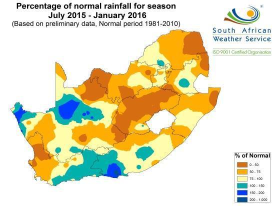 From July 2015 to January 2016, rainfall was below normal over most of the country, with above normal in the southern coastal areas and the Northern Cape.