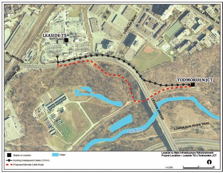 Leaside TS to Todmorden JCT Underground Cable Routes Evaluated Two feasible options were identified and evaluated for replacing the underground cable between Leaside TS and Todmorden JCT Option 1: