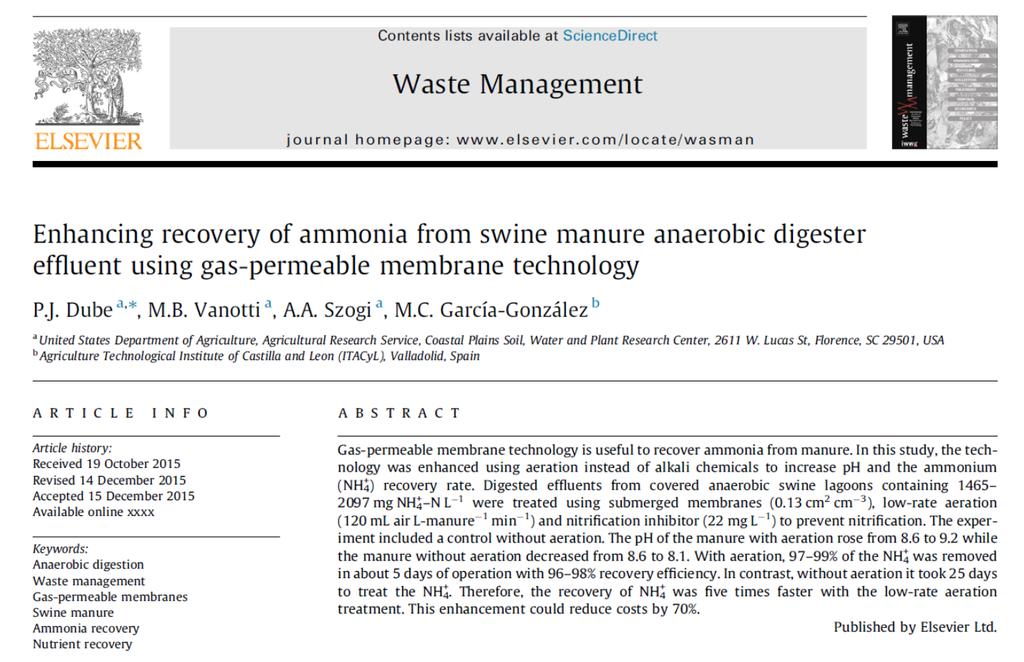 Mass Balances of the Recovery of Ammonia - anaerobic digester effluent Treatment Time Initial NH4 + in Manure Remaining NH4 + in Manure NH4 + removed from Manure NH4 + recovered in acidic solution