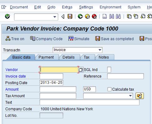 Process Invoice Without PO To create a non-po Invoice: 1 Use the FV60 transaction code to access the Park Vendor Invoice screen.