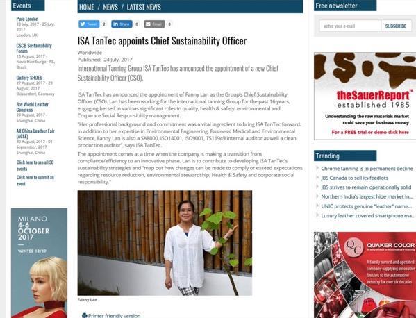 LITE Concept ISA TanTec Appoints CSO ISA has appointed Fanny Lan as Chief Sustainability Officer (CSO).