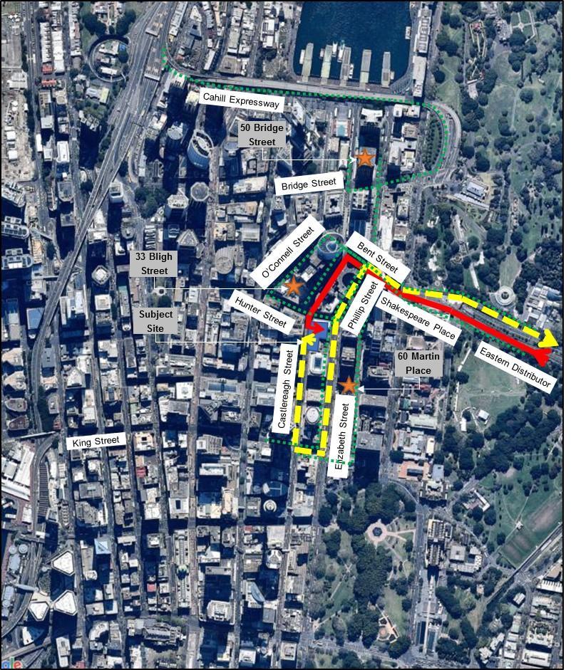 Figure 9: Possible Common Haulage Routes The only overlapping routes with the proposed primary route of the subject site will be a short section of Elizabeth Street, Phillip Street, Bligh Street and