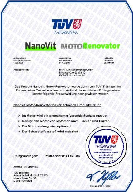 TÜV Thuringia examination report The product, NanoVit Motor-Renovator, was examined within the scope of a series of tests.