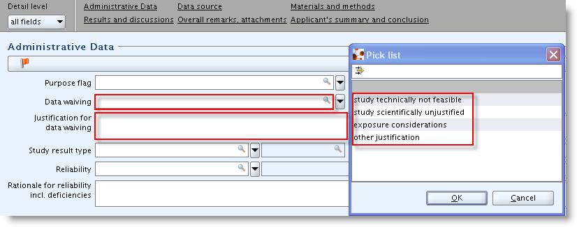 Figure 47: Pick list and justification field for data waiving A) Specific adaptation from column 2 of REACH Annexes VII to X: Purpose flag: empty Version: 2.