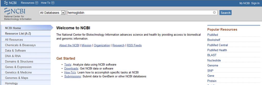 Finding Structures in the NCBI Structure Database 1. Go to the NCBI website (http://www.ncbi.nih.gov). 2.