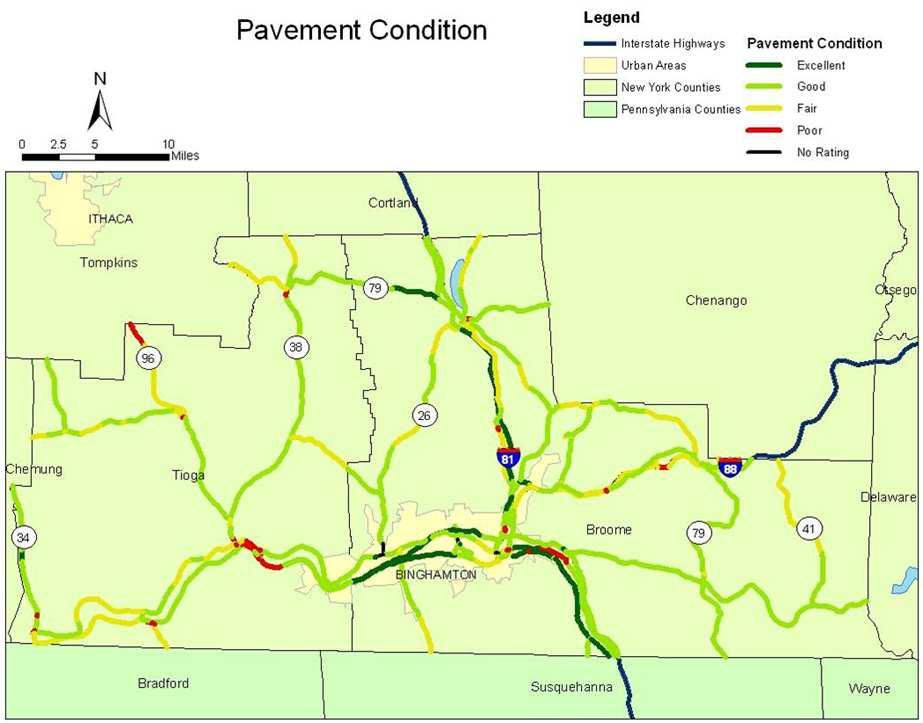 Figure 3.4 Pavement Condition Ratings for Interstate, Federal, and Major New York State Roadways within Broome and Tioga Counties Source: 2005 NYSDOT Highway Sufficiency File.