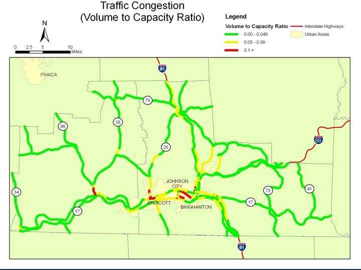 Figure 3.6 Congestion in Binghamton Regional Roadway Network Source: 2005 NYSDOT Highway Sufficiency File.