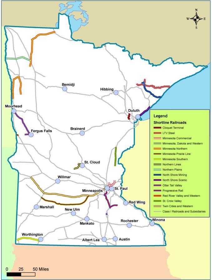 Figure 2.2 Regional and Short Line Railroads in Minnesota Beyond volume, short lines face several challenges as an industry as follows.