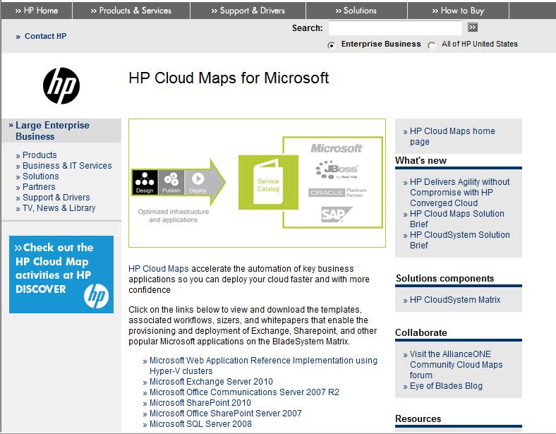 Figure 6. Selecting Microsoft from the vendor list on the Infrastructure Provisioning tab brings up the HP Cloud Maps for Microsoft page.