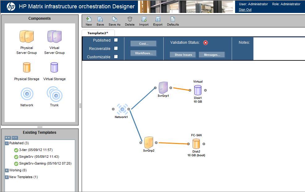 Figure 1. HP Matrix OE infrastructure orchestration designer allows you to build templates.