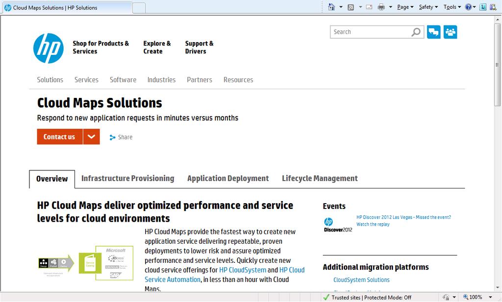 Figure 5. HP Cloud Maps main page is the starting point for downloading a Cloud Map from hp.com. Note the tabs for Infrastructure Provisioning, Application Deployment, and Lifecycle Management.