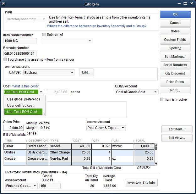 BOM as Cost of Assemblies Use the BOM cost as the cost for an assembly and choose to allow QuickBooks to update assembly costs and price when component costs change, instead of manually updating