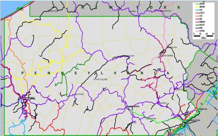 Freight Rail Lines in Pennsylvania Source: Federal Railroad Administration, 2006 At the other end of the spectrum, there are a number of rail lines in Pennsylvania considered at risk because of low