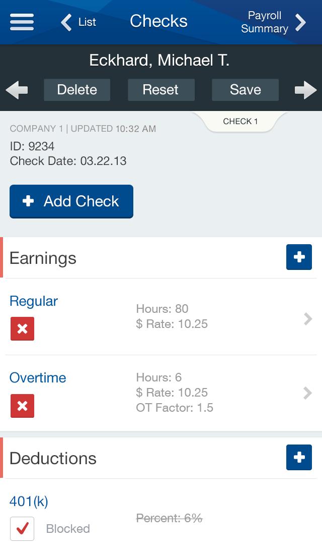 Entering Payroll Data (cont.) To add a check, tap + Add Check.